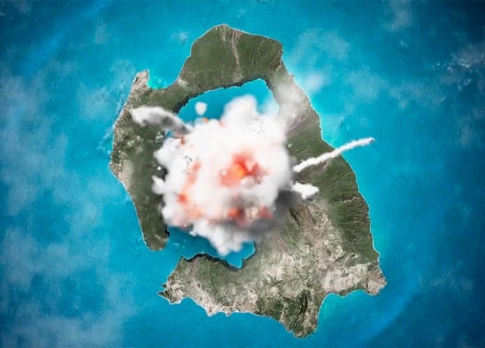 Visão aérea de vulcão em Santorini