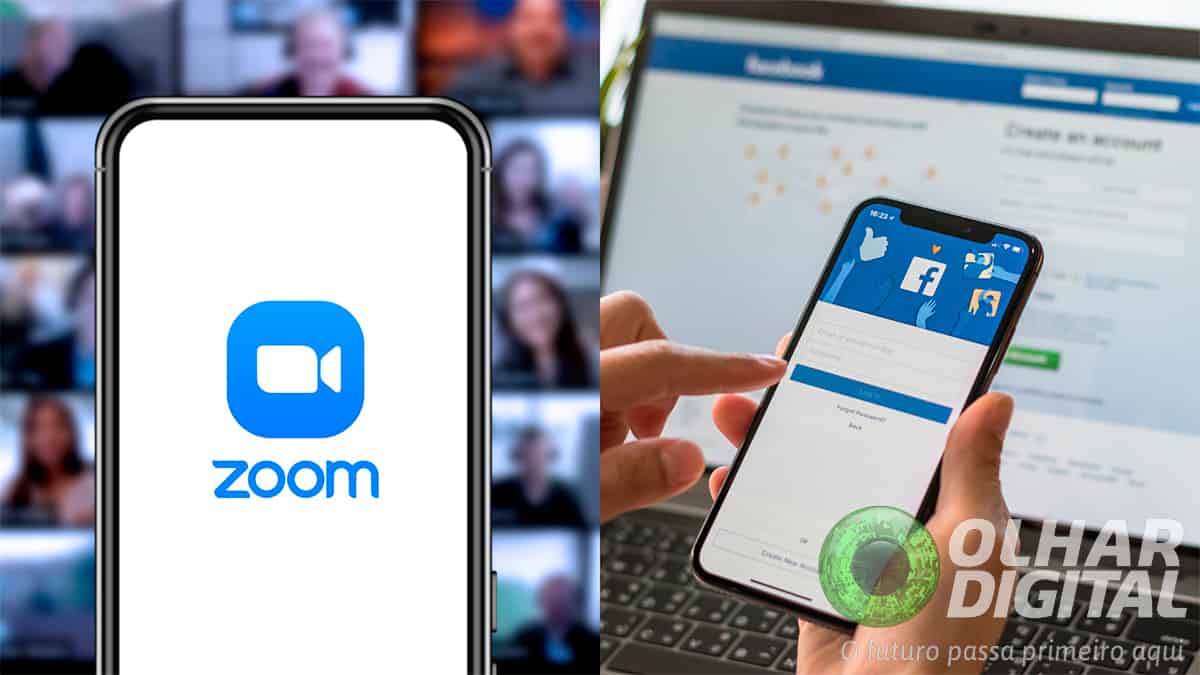 Montagem de celulares com logomarcas do Zoom e do Facebook
