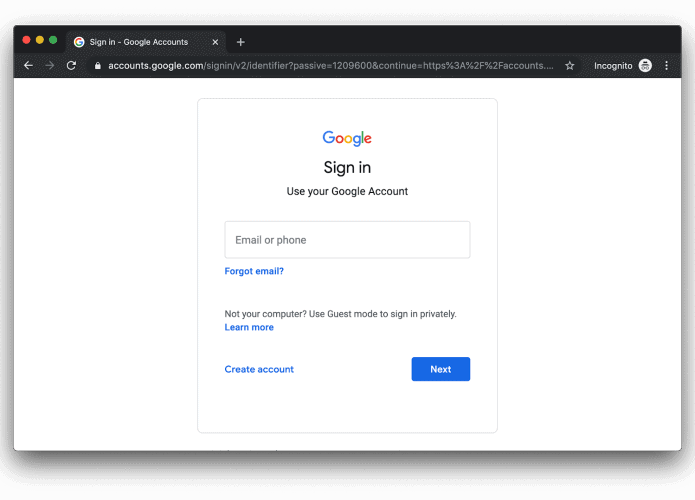 Reprodução de tela do Google para exemplo do login único SSO