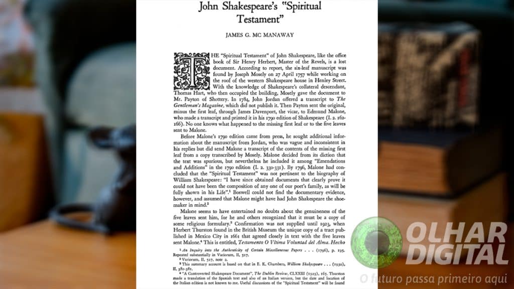 Montagem com página de Testamento Espiritual, escrito por Joan Shakespeare