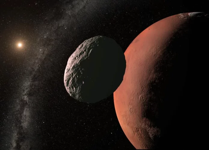 Ilustração de um asteroide próximo a Marte (Crédito: Gabriel Pérez Díaz (SMM, IAC)