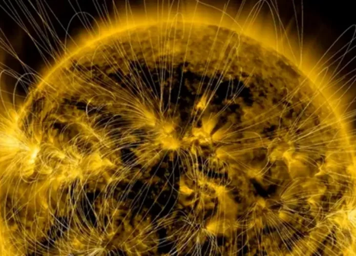 Durante o máximo solar, as linhas do campo magnético se emaranham, permitindo a formação de manchas solares (Crédito: NASA/SDO/AIA/LMSAL)