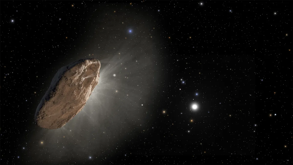 Impressão artística do Oumuamua (Crédito: NASA, ESA e J. Olmsted e F. Summers (STScI))