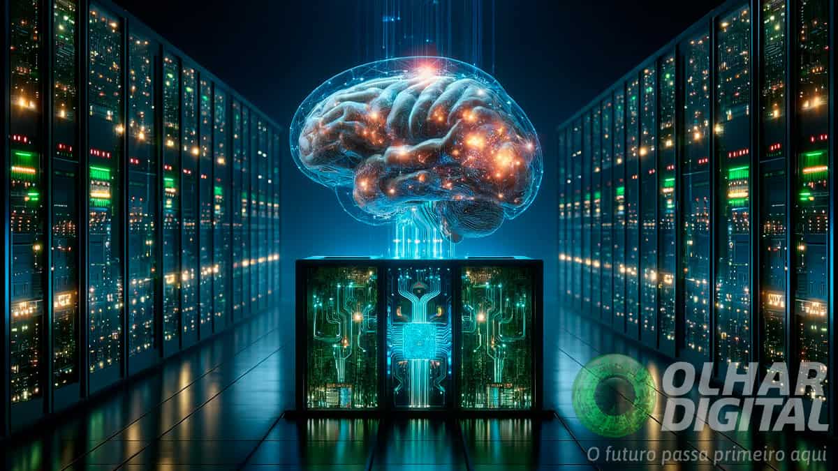 Ilustração de supercomputador e cérebro artificial