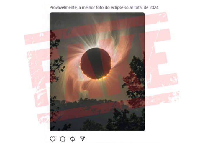 Montagem com captura de tela de postagem com imagem fake de eclipse solar total ocorrido no Hemisfério Norte