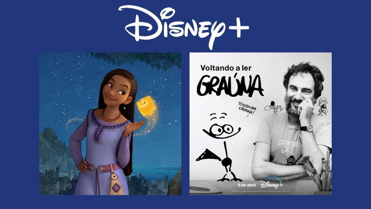 Montagem com pôsteres da animação Wish e do documentário Voltando a ler Graúna, que estreiam no Disney+