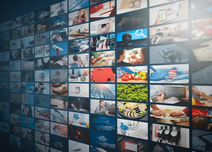 Ilustração de streaming com diversas janelinhas de conteúdo espalhadas em painel