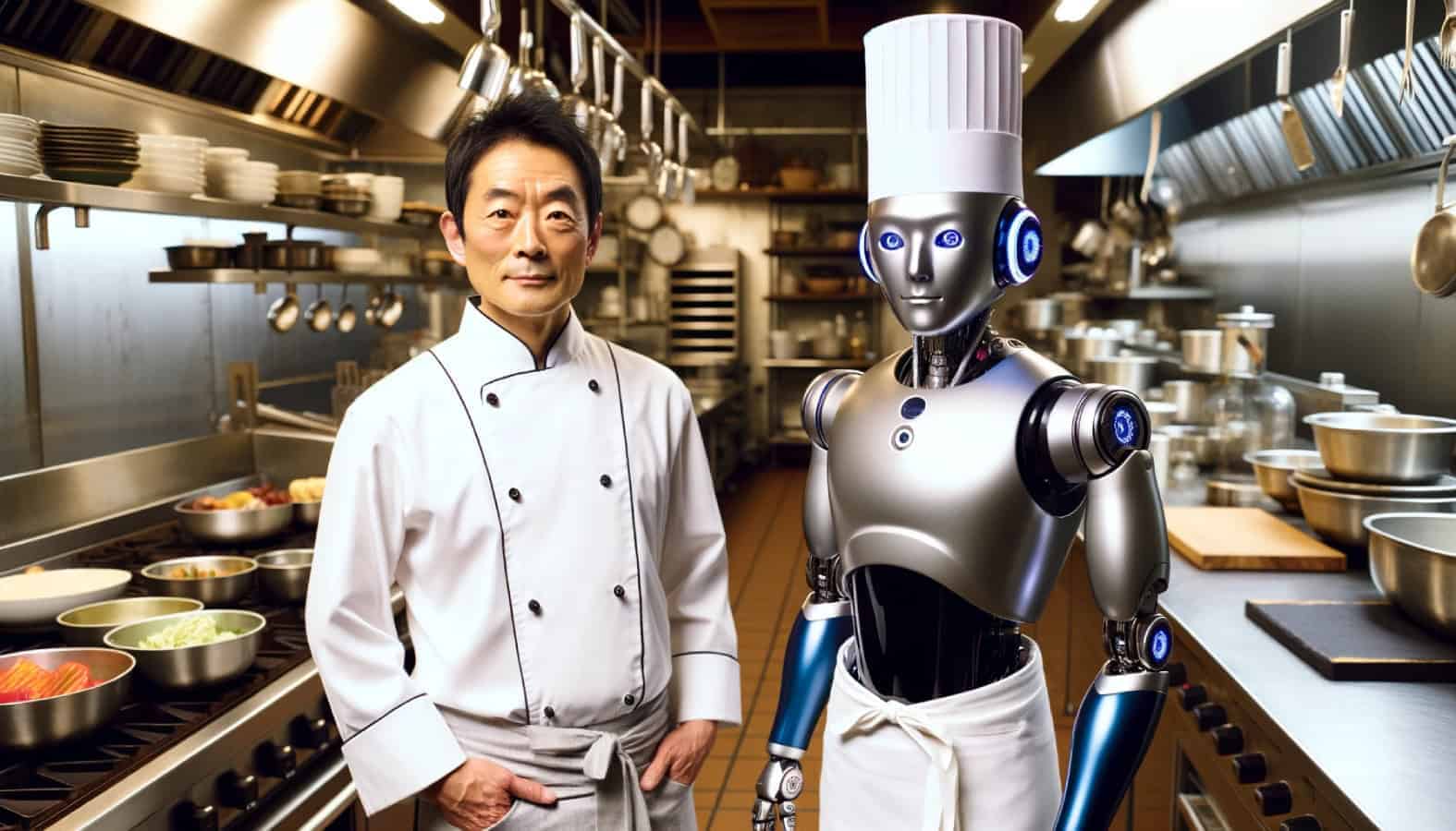 Um cozinheiro do Japão com um robô com IA ao lado