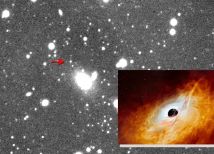 Imagem do quasar há 12,9 bilhões de anos-luz de distância e em detalhe uma ilustração de quasar (Crédito: Virtual Telescope Project/ESO/M. Kornmesser)