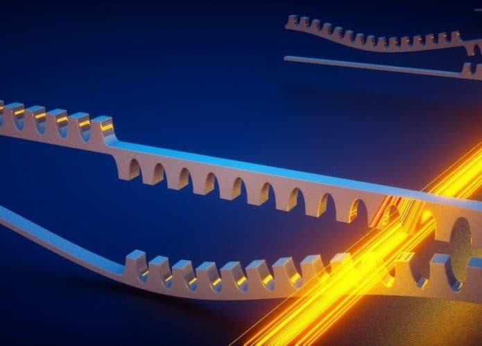Impressão artística da corrente bosônica Kitaev: vários ressonadores mecânicos de cordas são ligados para formar uma corrente usando luz. Vibrações mecânicas (ondas sonoras) são transportadas e amplificadas ao longo da cadeia. (Crédito: Ella Maru Studio)