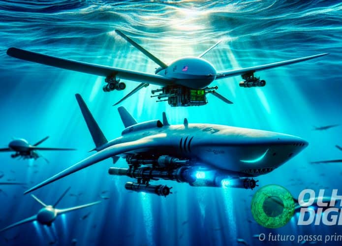 Ilustração de drones Tubarão Fantasma e Raia de Metal no oceano