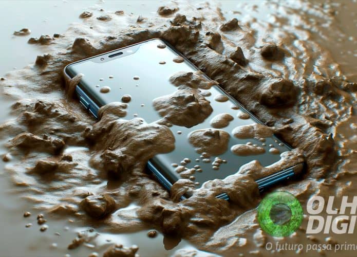 Ilustração de celular enterrado na lama para ilustrar enxurrada de fake news sobre tragédia no Rio Grande do Sul