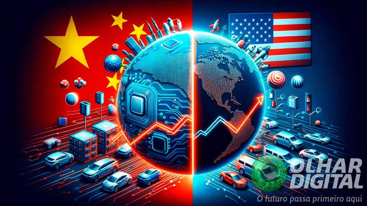 Ilustração sobre aumento de tarifa dos chips da China nos EUA