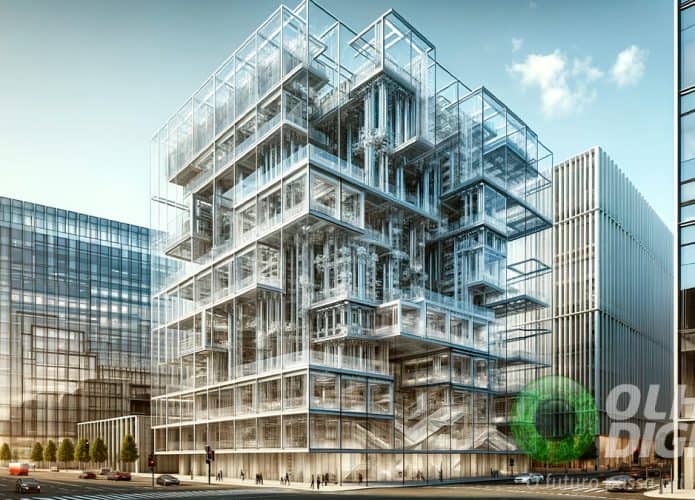 Ilustração de prédio futurístico em construção com base em novo design proposto por pesquisadores