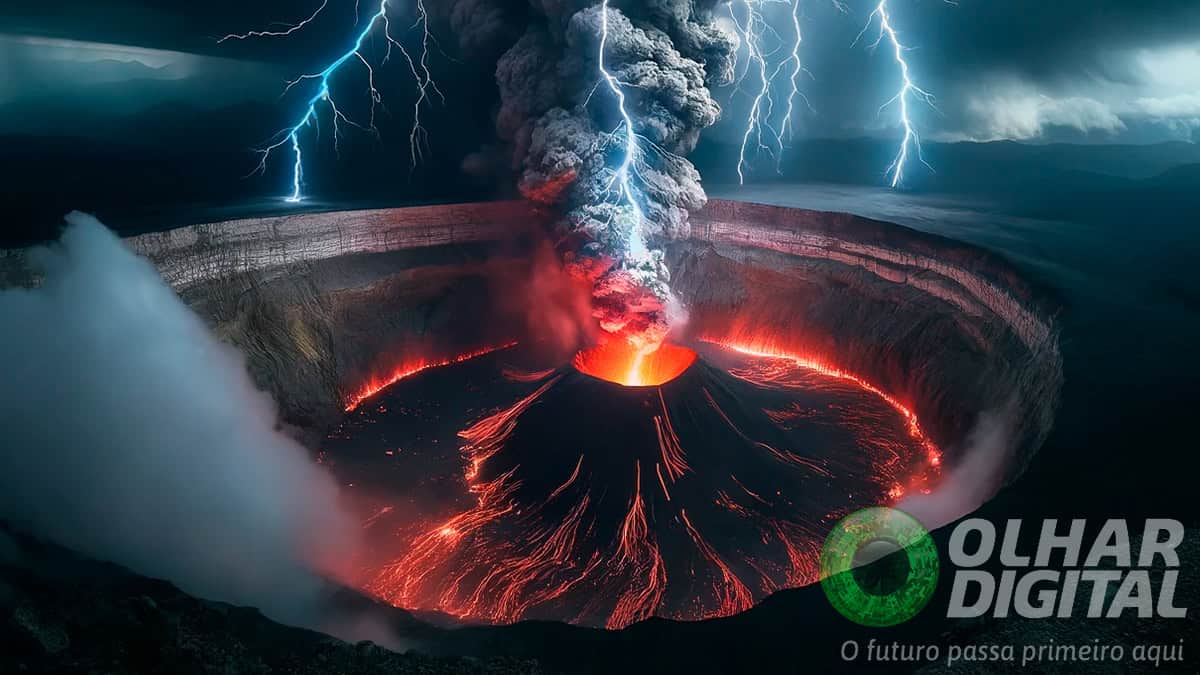Ilustração de raios caindo sobre vulcão em erupção