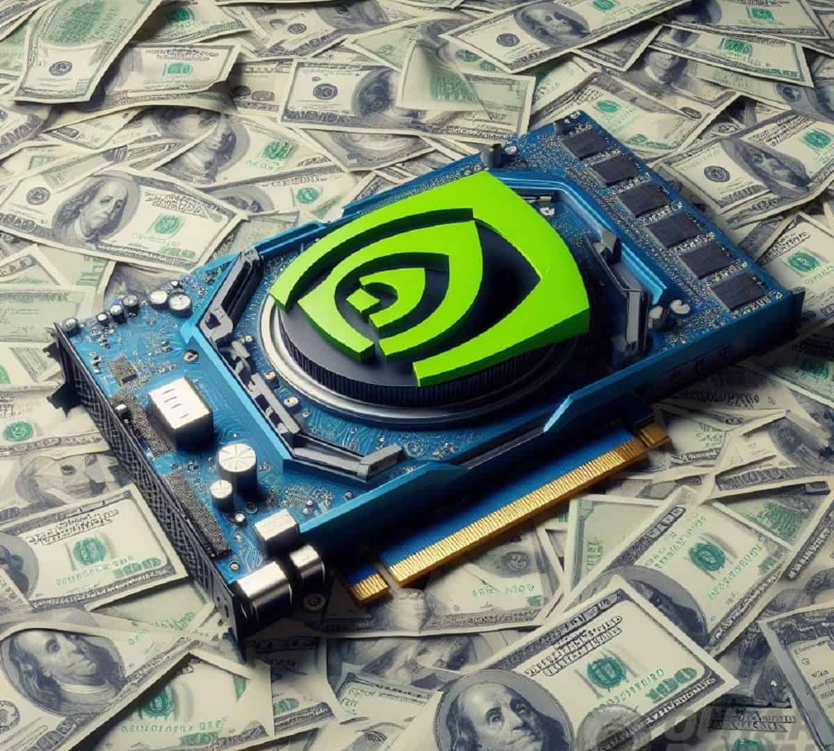 Placa de vídeo com logo da Nvidia em cima de notas de dólar