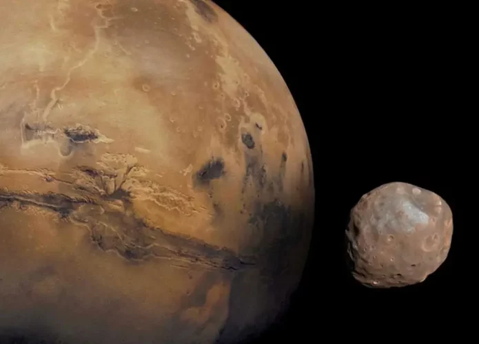 A missão da ESA passará por Marte e a menor de suas luas, Deimos (Crédito: NASA)