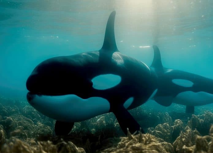 orcas debaixo d'água no mar