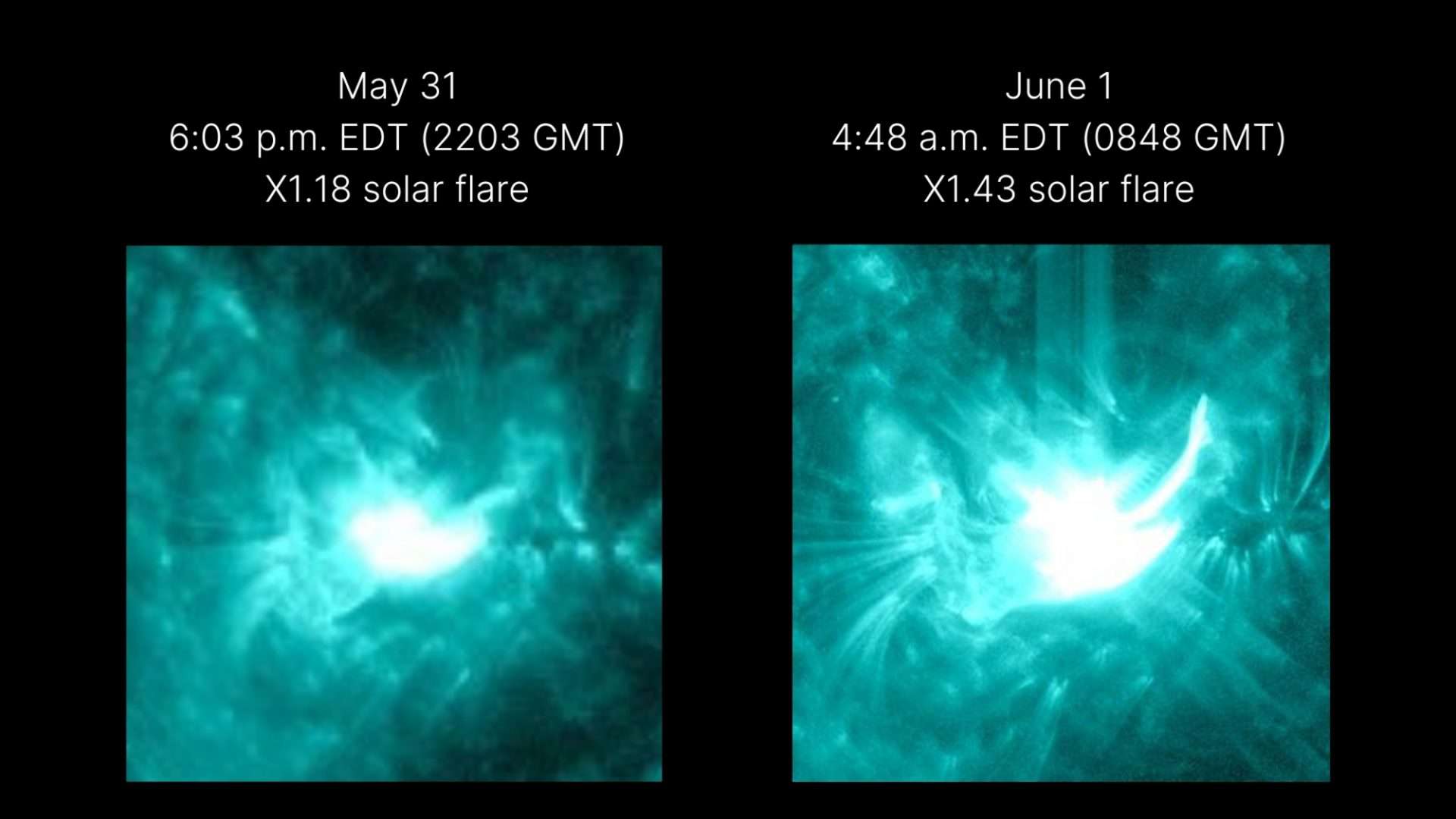 Erupções solares no dia 31 de maio e 1 de junho (Crédito: NASA / SDO e equipes científicas AIA, EVE e HMI / helioviewer.org)