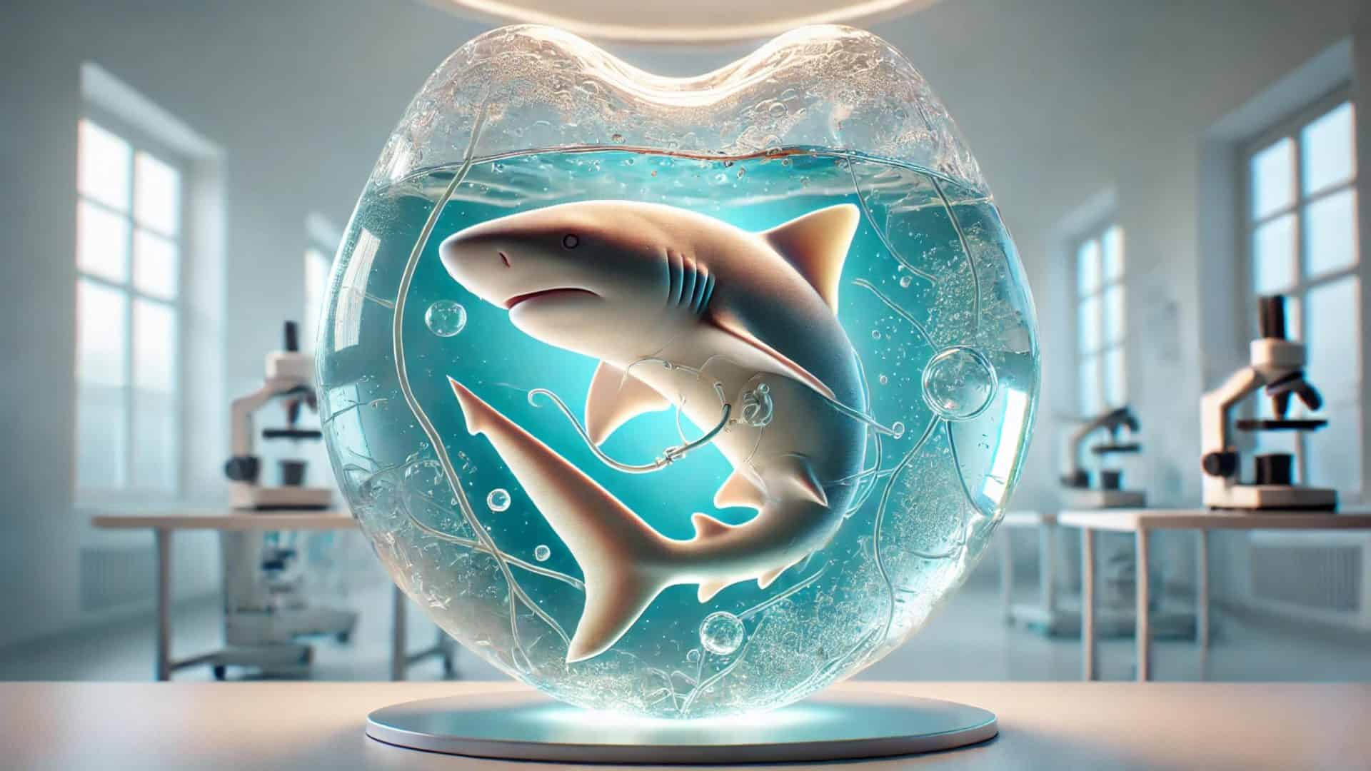 Ilustração de um bebê tubarão em um útero artificial