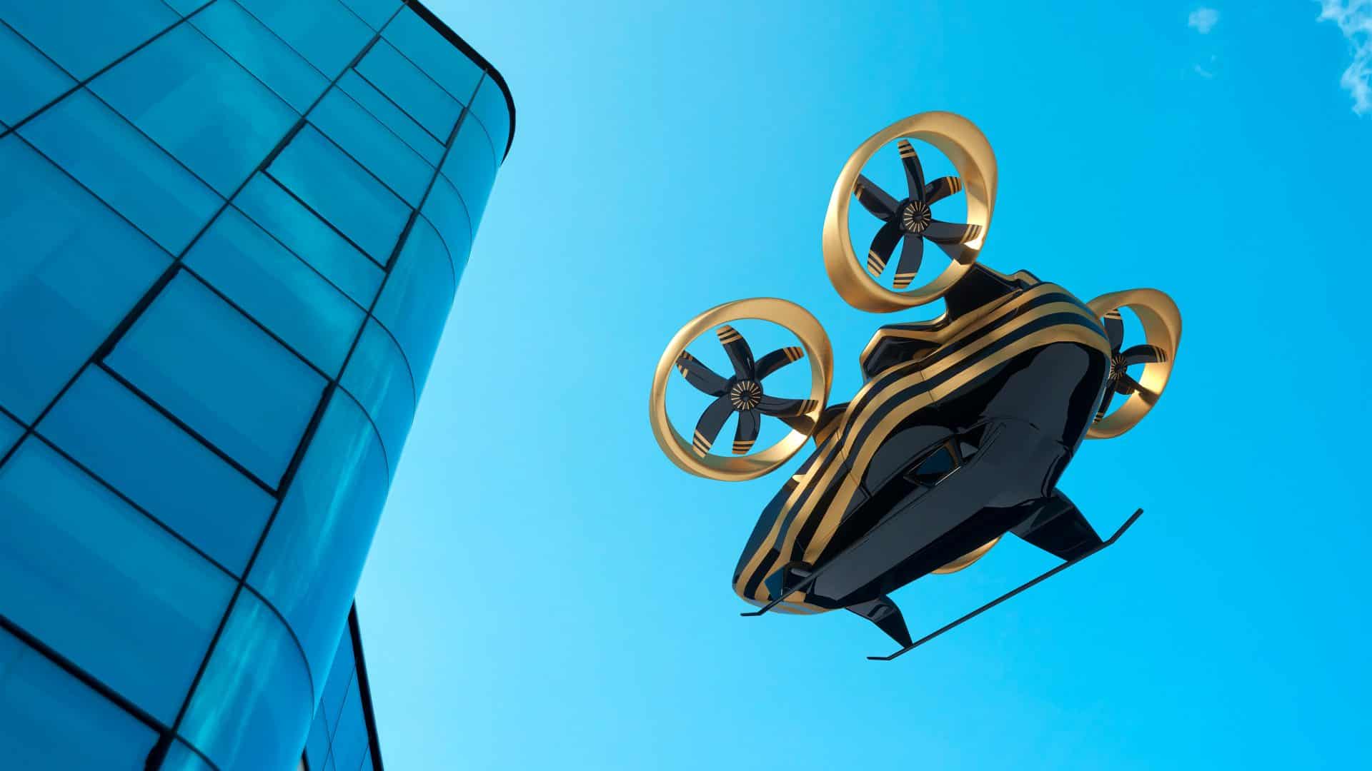 Carro voador visto de baixo em cidade