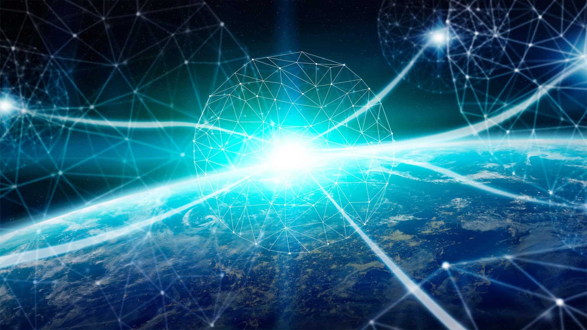 Ilustração com luz de estrela e linha de tecnologia sobre a Terra vista do espaço
