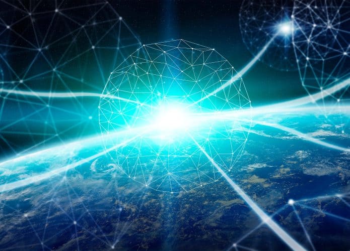 Ilustração com luz de estrela e linha de tecnologia sobre a Terra vista do espaço