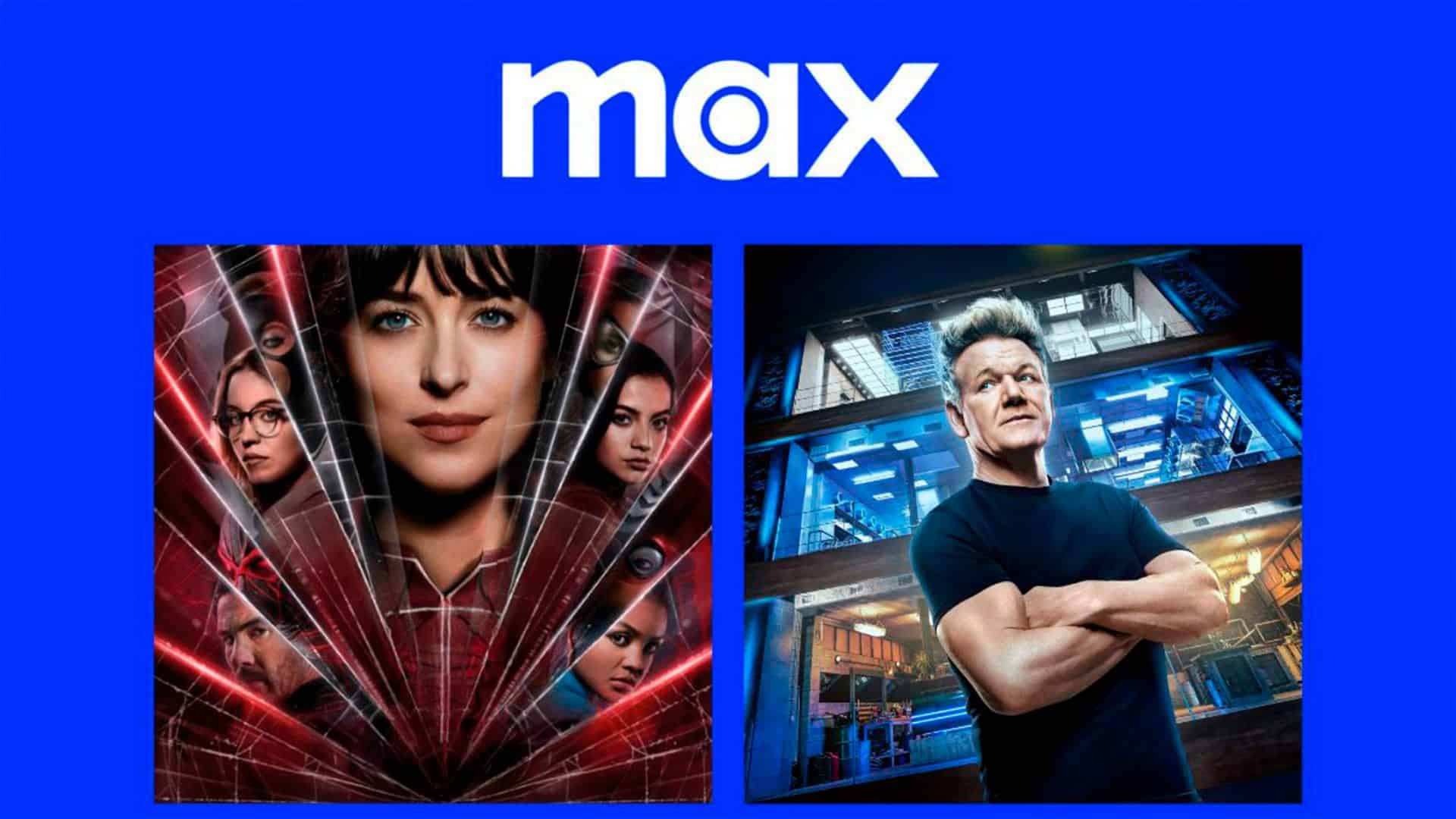 Montagem com pôsteres do filme Madame Teia e do reality show com Gordon Ramsay, que estão entre lançamentos da Max