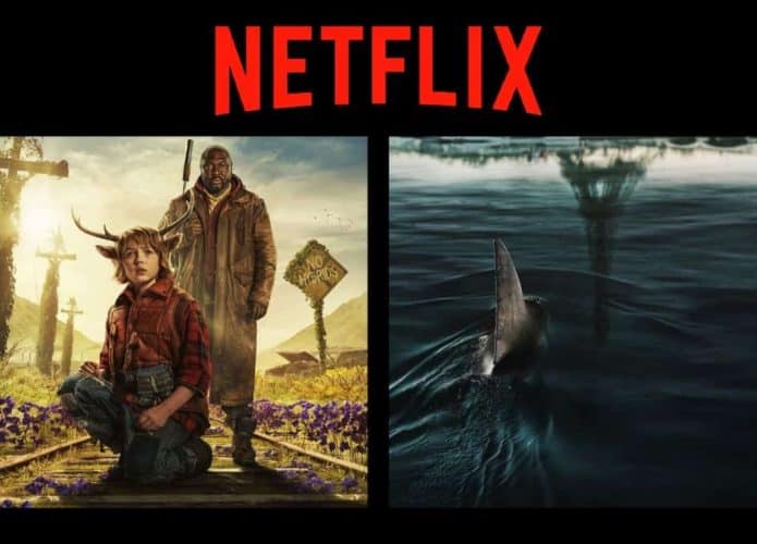 Montagem com pôsteres da série Sweet Tooth e do filme Sob as Águas do Sena, que estão entre lançamentos da Netflix