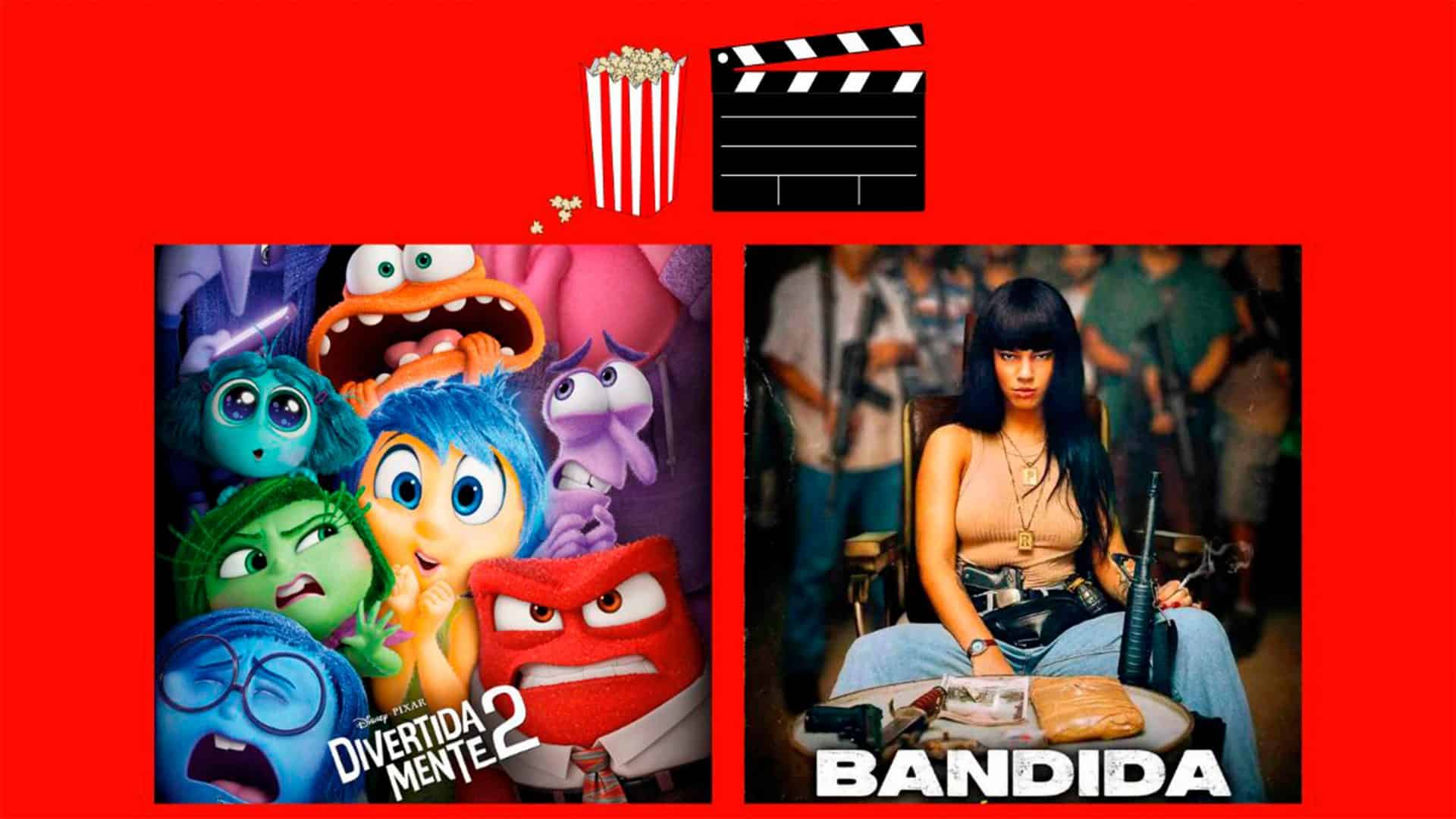 Montagem com pôsteres dos filmes Divertida Mente 2 e Bandida, que estão entre lançamentos do cinema desta quinta-feira, 20 de junho