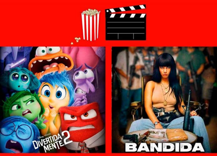Montagem com pôsteres dos filmes Divertida Mente 2 e Bandida, que estão entre lançamentos do cinema desta quinta-feira, 20 de junho