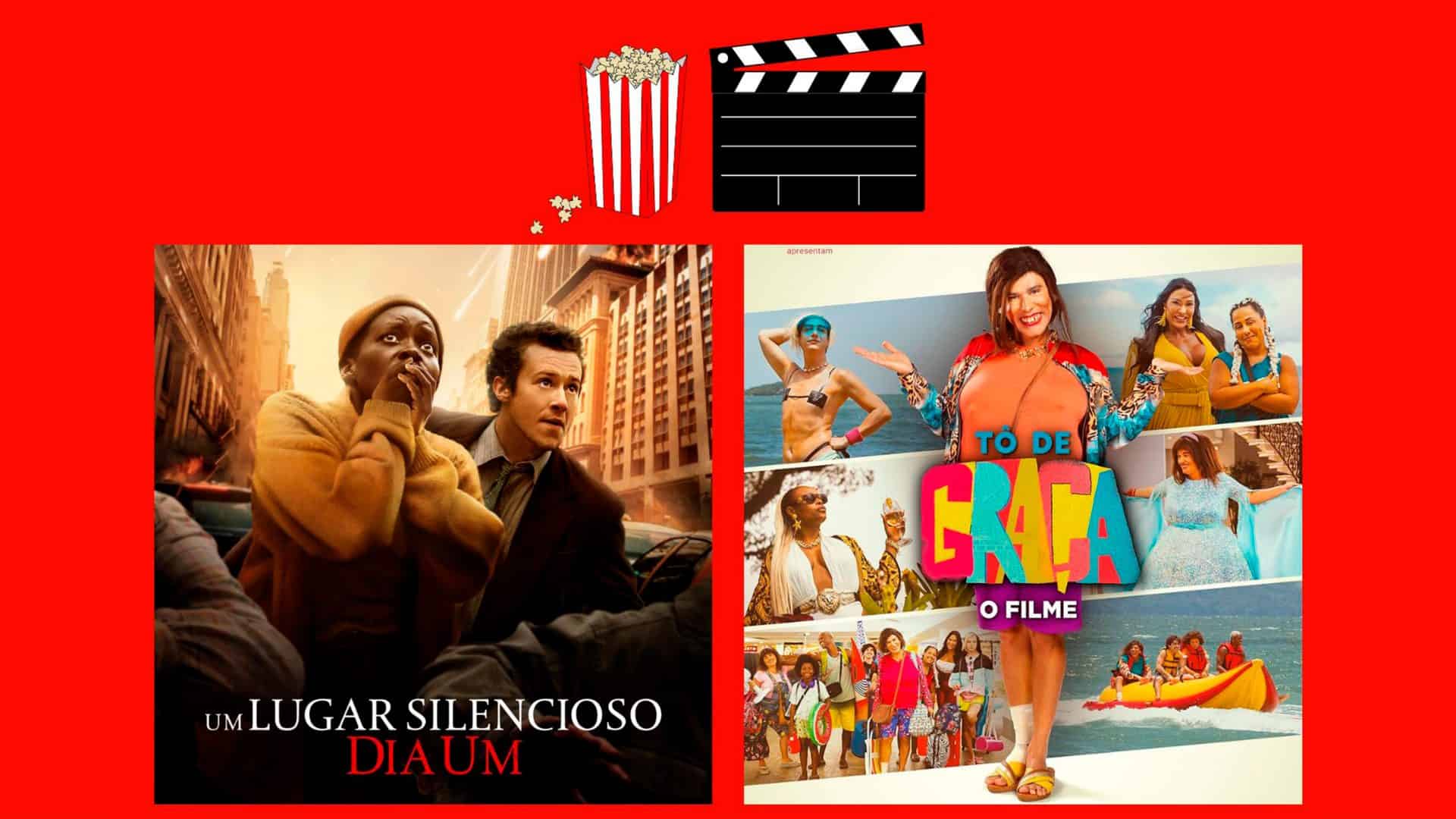 Montagem com pôsteres dos filmes Um Lugar Silencioso: Dia Um e Tô de Graça: O Filme, que estão entre lançamentos do cinema