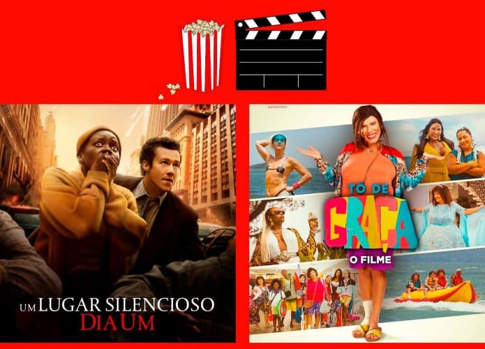 Montagem com pôsteres dos filmes Um Lugar Silencioso: Dia Um e Tô de Graça: O Filme, que estão entre lançamentos do cinema