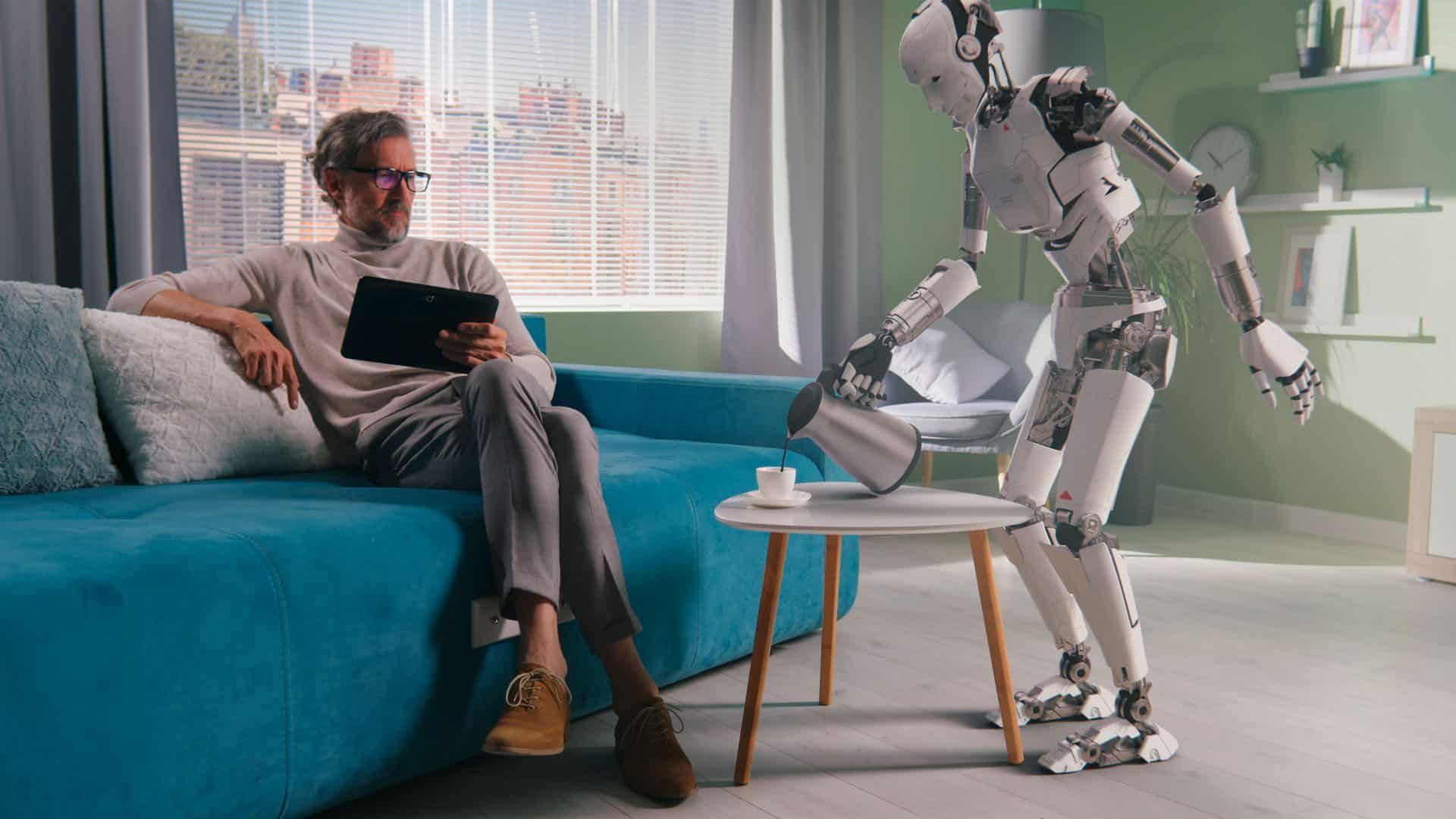 Robô humanoide servindo café para homem