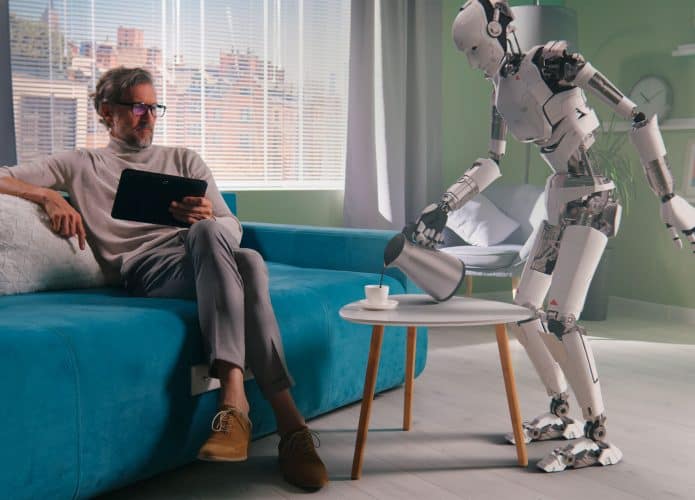 Robô humanoide servindo café para homem