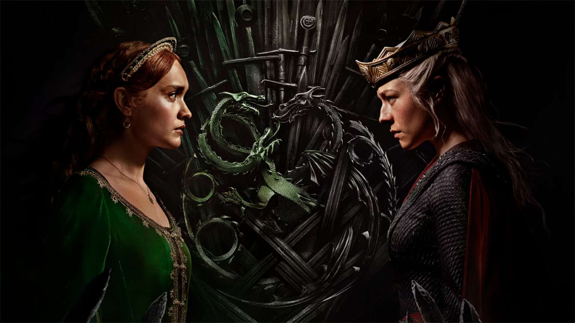 Pôster da segunda temporada de A Casa do Dragão com Alicent Hightower de um lado e Rhaenyra Targaryen de outro