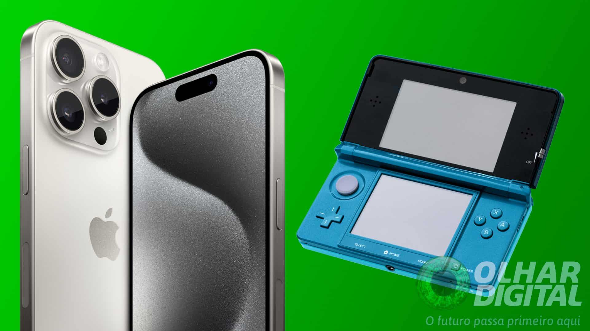 Montagem de iPhone 15 Pro e Nintendo 3DS