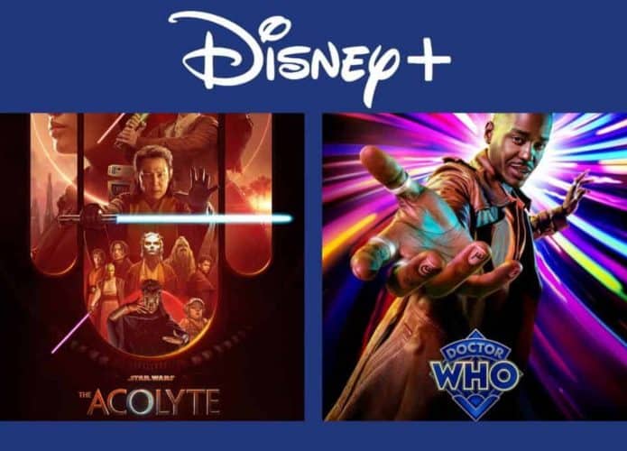 Montagem com pôsteres de Star Wars: The Acolyte e Doctor Who, lançamentos do Disney+