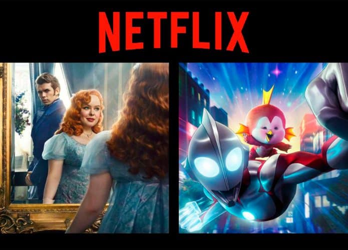 Montagem com pôsteres da série Bridgerton e da animação do Ultraman, que estreiam na Netflix em junho