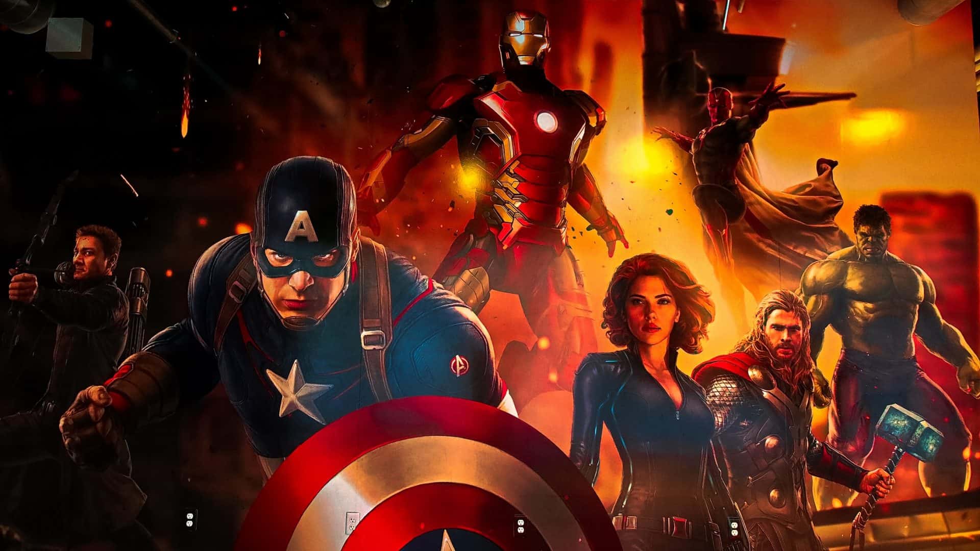 Ilustração com os principais personagens da franquia Vingadores da Marvel