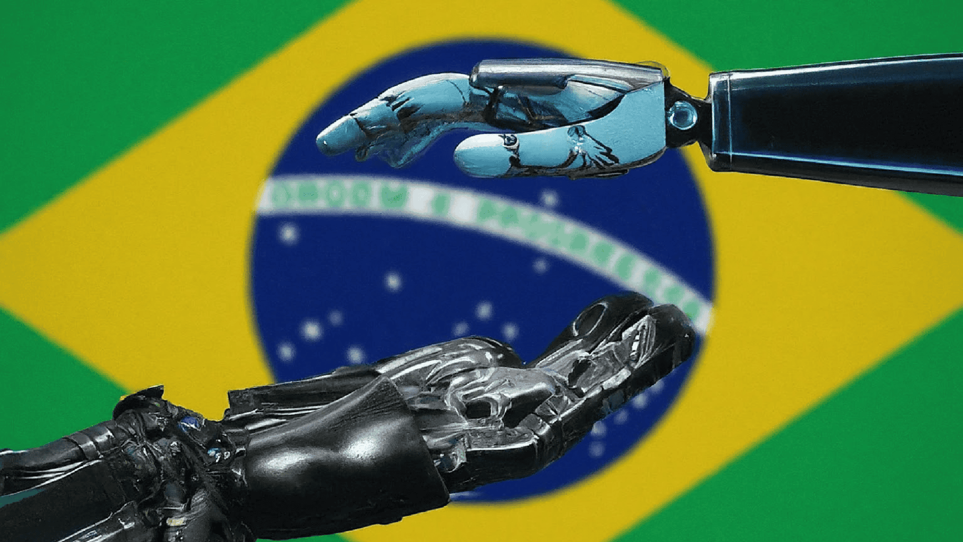 Mãos de robôs à frente da bandeira do Brasil