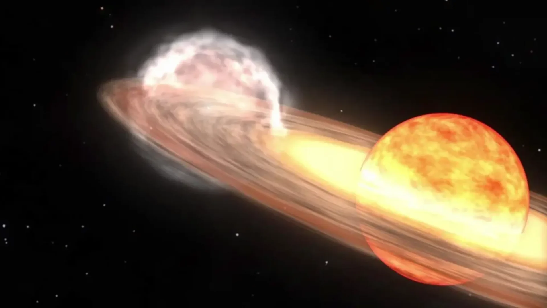 Uma estrela anã-branca roubando o material de uma gigante vermelha até que desencadeie uma explosão nova (Crédito: NASA/Centro de Voo Espacial Goddard)