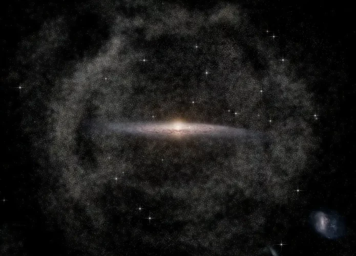 Via Láctea (Crédito: Halo estrelas: ESA/Gaia/DPAC, T Donlon et al. 2024; Plano de fundo da Via Láctea e Nuvens de Magalhães: Stefan Payne-Wardenaar)
