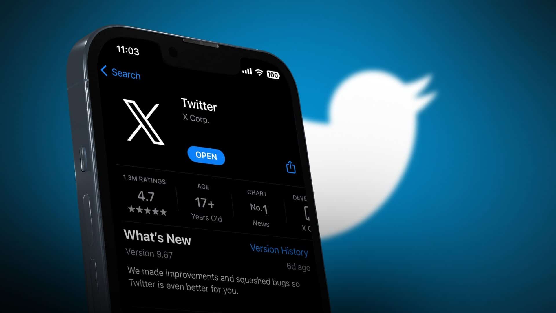 À esquerda, perfil do X na App Store, projetado em um smartphone; À direita, antigo logo do Twitter, o pássaro azul (no cado, branco em fundo azul-claro)