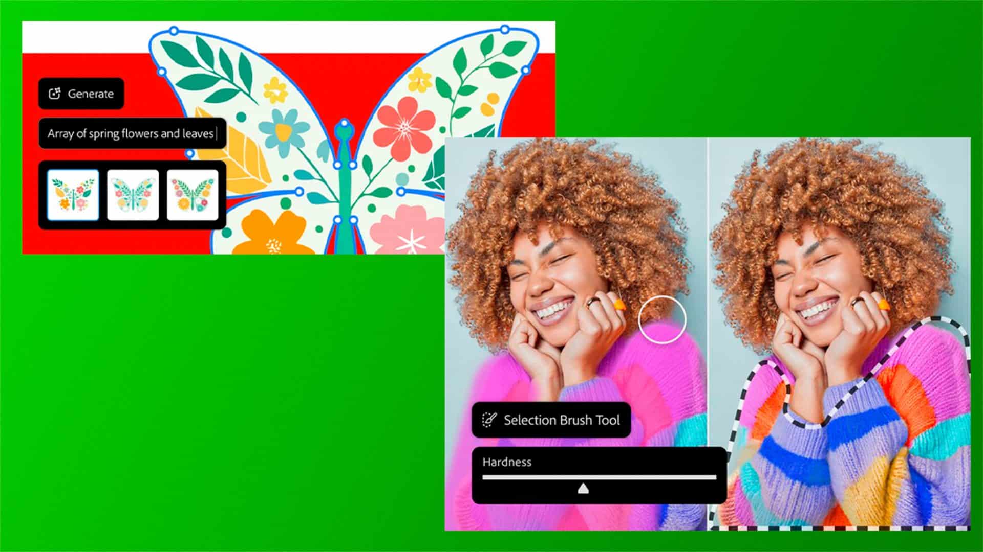 Montagem com ilustrações sobre novos recursos da IA da Adobe no Illustrator e do Photoshop