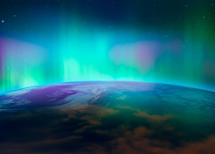 Visão do espaço de uma aurora boreal