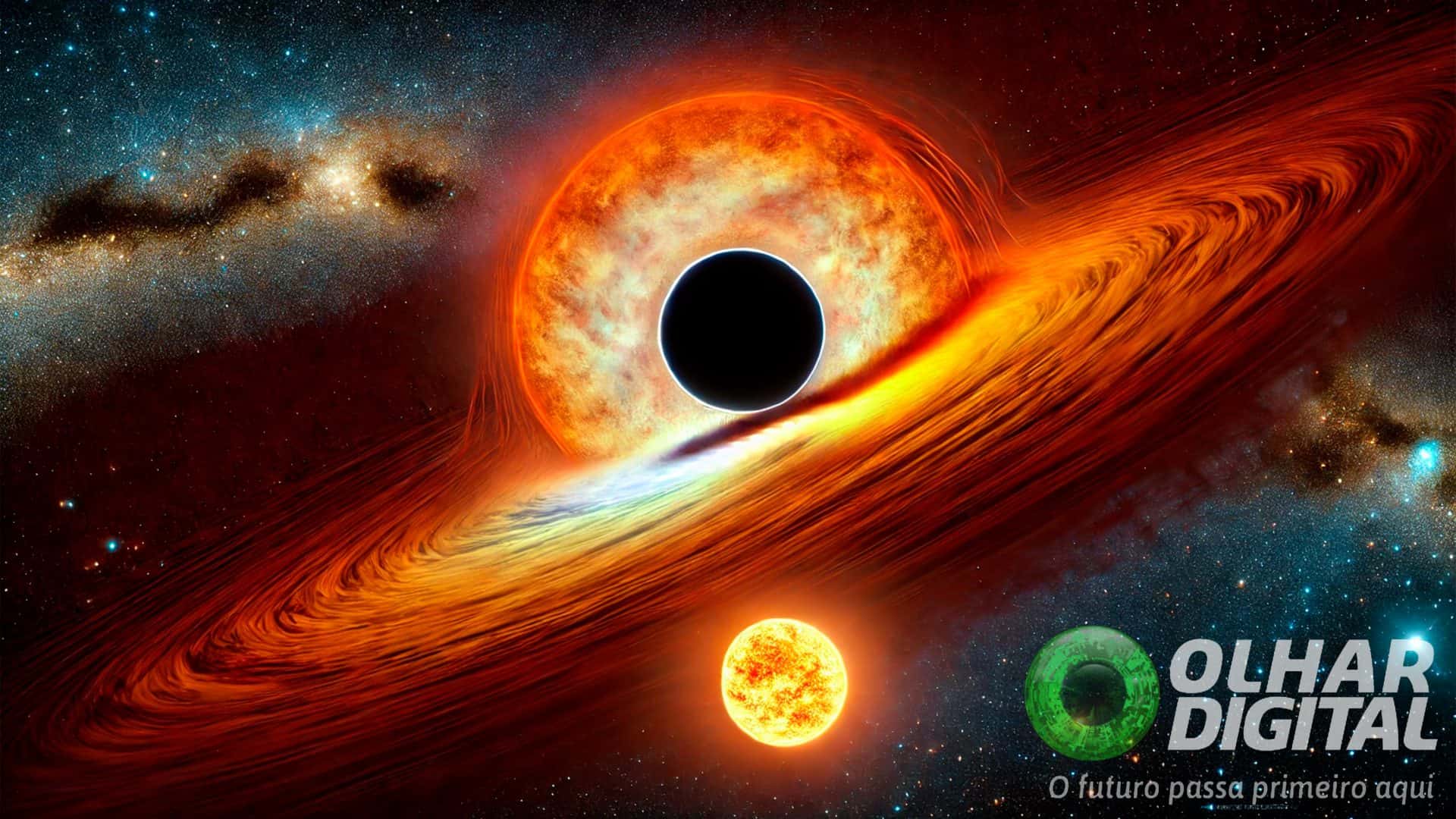 Ilustração comparando buraco negro supermassivo ao Sol