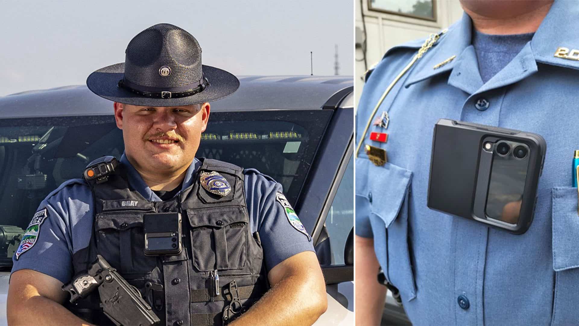 Montagem com fotos de policiais usando Galaxy Z Flip como câmera corporal
