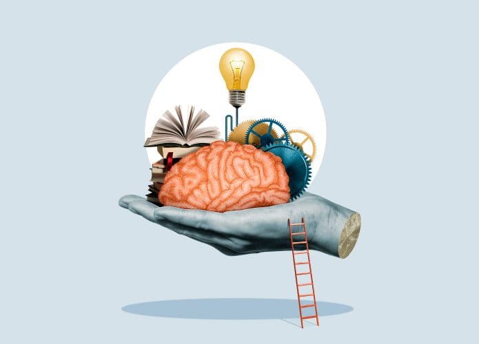 Ilustração de mão segurando cérebro com ícones de lâmpada e livro em volta