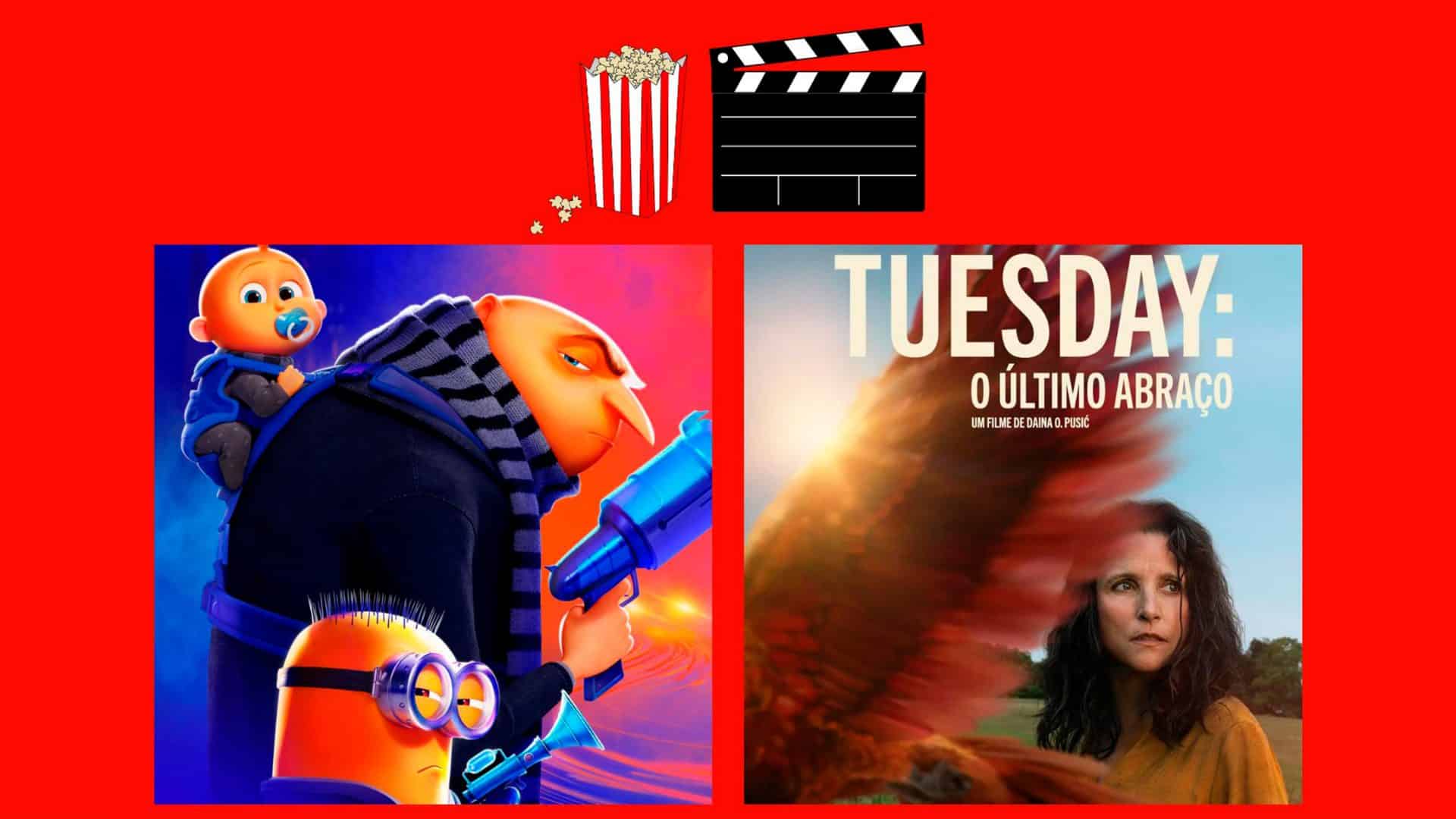 Montagem com pôsteres dos filmes Meu Malvado Favorito 4 e Tuesday, que estão entre os lançamentos da semana no cinema